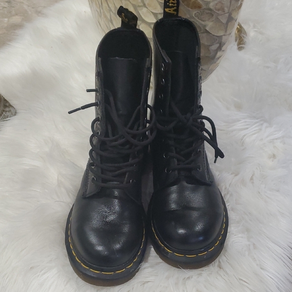 Dr. Martens Shoes - Dr. Martens Black Unisex Leather Boots with Yellow Accents